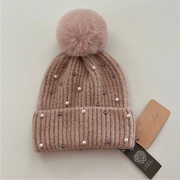 Vince Camuto Other - Vince Camuto Pink Beanie with Pom-Pom and Beads